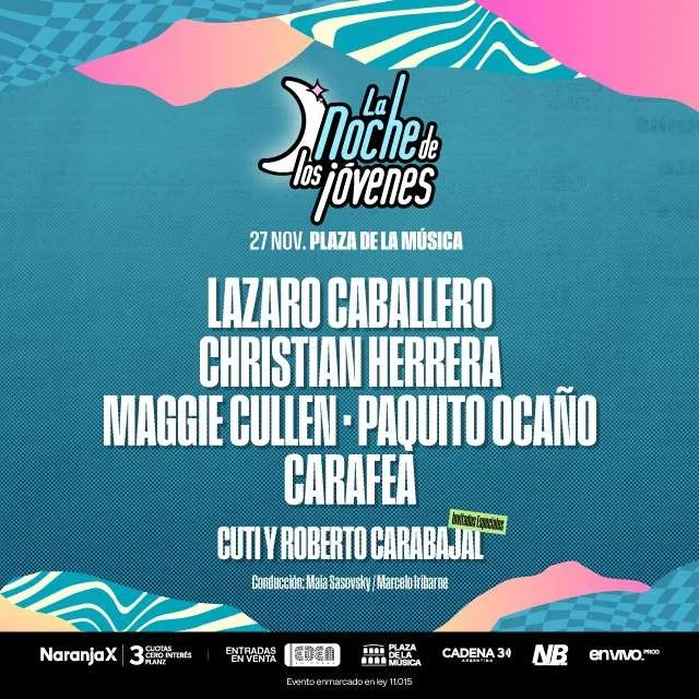 Afiche de La Noche de los Jovenes + Lazaro Caballero + Christian Herrera + Maggie Cullen + Paquito Ocaño + Carafea